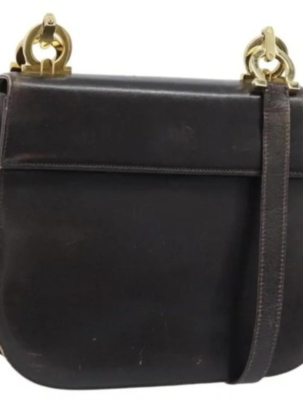 Salvatore Ferragamo Gancini Shoulder Bag Leather Dark Brown Gold Auth LNZ544